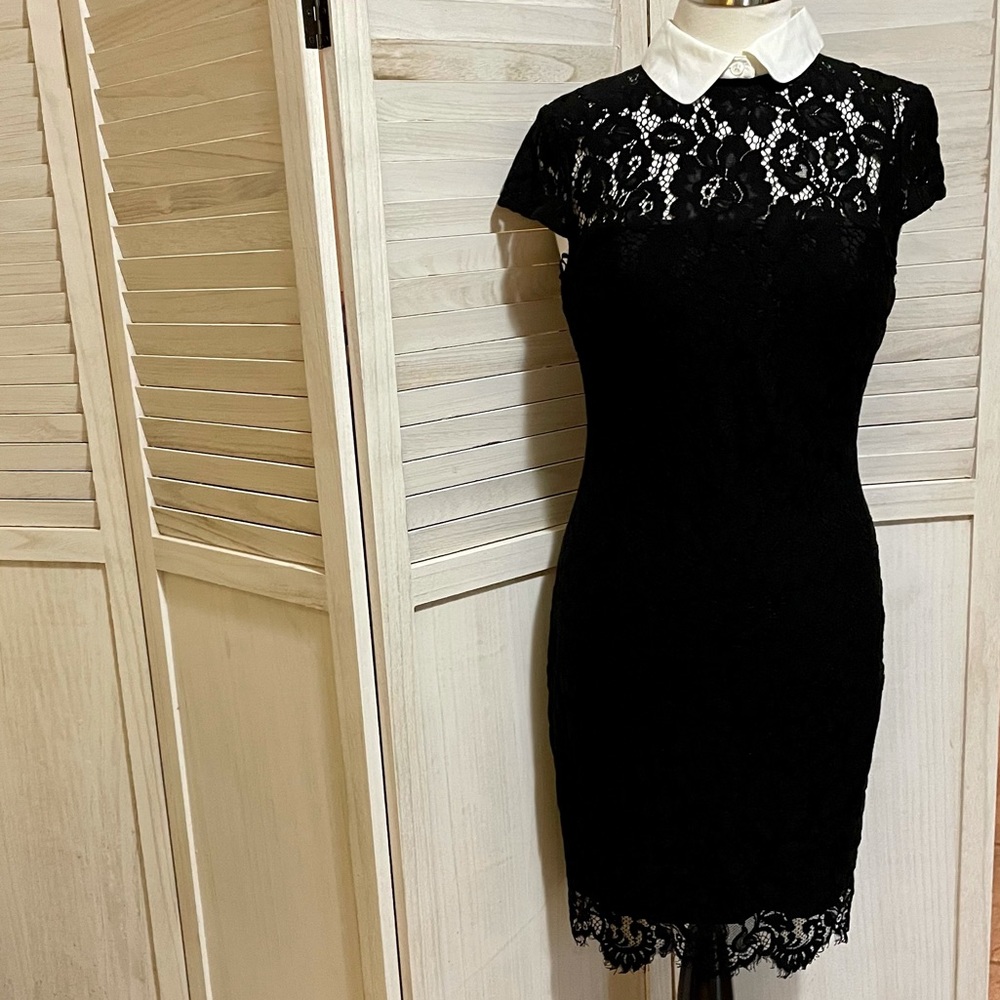 Ralph Lauren Black Lace Midi Dress with White Collar